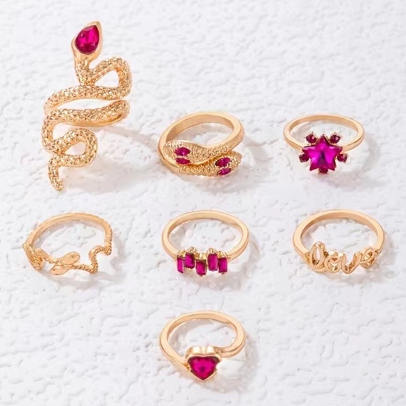 Pink Gemstone Snake Heart Gold  Ring Set 7pc - Picture 3 of 6